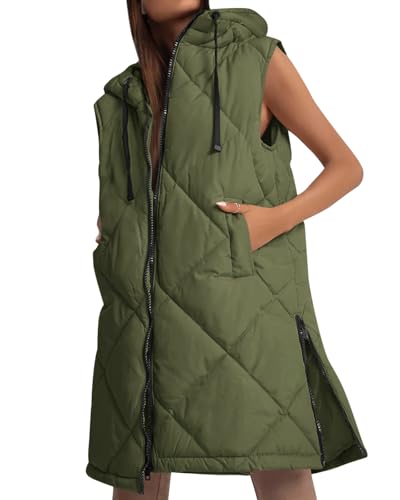 Imily Bela Weste Damen Steppweste Kapuze Vest Leichte Ärmellos Jacke Übergangs Westen Bodywarmer Längere Übergangsjacke Casual Longweste Oberbekleidung（grün，M