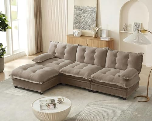 Image of 108 inch Sectional Sleeper Sofa with Ottoman, L Shaped Modular Deep Seat Couches for Living Room Apartment, Flexible Module Combination Cloud Sofa with Spring Support, Easy Assembly, Coffee