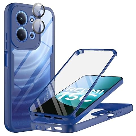 MQERYBV Etui do Xiaomi Redmi 15C 4G/5G, 360 stopni Fullbody Ochraniacze na aparat ze zintegrowanym szkłem hartowanym Full Heated Screen Protector Case, niebieski