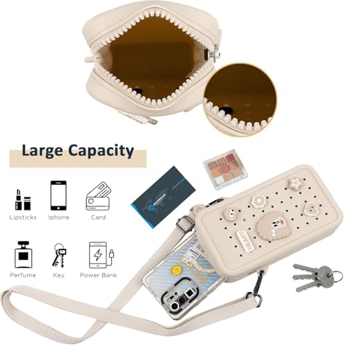 Elecbae Silicone Crossbody Bag for Women, DIY Charm Compatible Perforated Hole Design, Compact Waterproof Lightweight Phone Purse with Adjustable Strap for Daily Use (Beige) by Elecbae - Used condition - Image 6