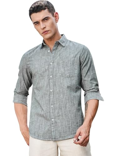 Image of Thomas Scott Men's | Solid | Premium Linen Blend | Spread Collar | Summer Wear | Long Sleeve | Shirts for Men