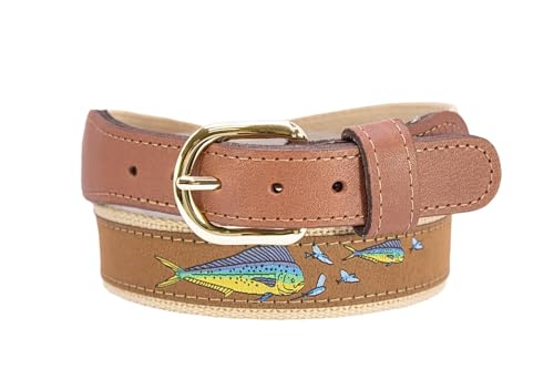 ZEP-PRO Dolphin Mahi Men's Woven Ribbon Belt – Mahi-Mahi Game Fish Ribbon With Tan Full Grain Leather Tabs – 1.25