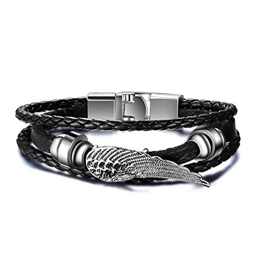 Youyuzu Stainless Steel Guardian Angel Wing Braided Leather Cuff Bangle Bracelet Wristband #TOP20