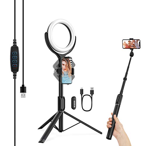 Yoozon Anillo de luz LED con Trípode Ajustable de Palo Selfie 3 en 1 para teléfonos/cámara pequeña, 3 Colores 10 Brillos y Soporte Móvil Giratorio para Youtube,Selfies,transmisión en Vivo,TikTok etc