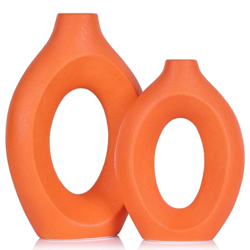 Set di 2 vasi arancioni, in ceramica opaca moderna e vuota, stile boho, per decorazioni con erba pampa, ideale per soggiorno, centrotavola, matrimonio, camera, tavola da pranzo e ufficio