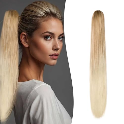 Gairyan Clip in Ponytail Hair Extensions 24 inch Ponytail Extension Long Straight Pony Tails Claw on Ponytail Synthetic Hairpieces for Women Soft Natural Look (Dark Blonde Ombre Bleach Blonde)