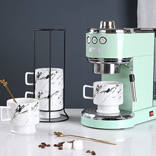 Antis's Home Stackable Coffee Mugs Set Of 4 With Stand, Marble Silver Pattern 10 Oz Ceramic Coffee Mug Set With Rack, Espresso Cups Set Coffee Cup Set For Coffee, Tea, Cocoa, Milk #TOP4