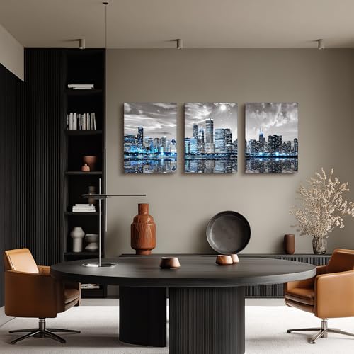 SERIMINO Chicago Skyline Wall Art for Living Room, Modern City Pictures Canvas Wall Decor for Office Bedroom 3 Pieces Set Night Scene Prints Paintings for Home 16"X24"