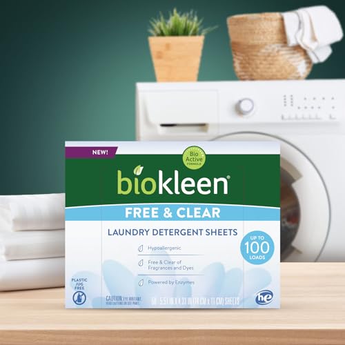 Image of Biokleen Laundry Detergent Sheets (2 PACK) - Free & Clear From Fragrances and Dyes, Hypoallergenic Enzymatic Cleaning - 100 Sheets, 200 Loads