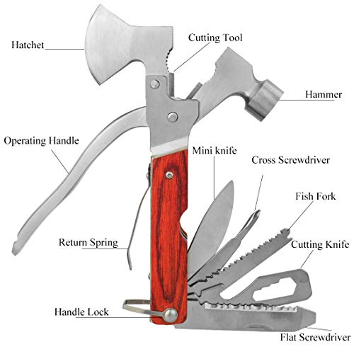 Rbenxia 16-in-1 Portable Hammer Tool Stainless Steel Multi-Functional Hatchet Tool with 2 Packs Adjustable Survival Bracelets for Camping, Hunting, Emergency