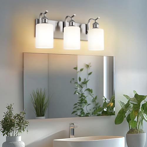 Image of Milk Glass Bathroom Light, 3-Light Vanity Light Fixture, Brushed Nickel Wall Sconce, VL01BNW-3