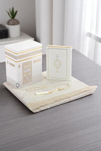 ihvan online Alfombra de oración musulmana y Corán con cuentas de oración, caja de decoración de Kaaba, regalo islámico para mujeres y hombres, elegante juego de Islam para Ramadán, Eid, Umrah
