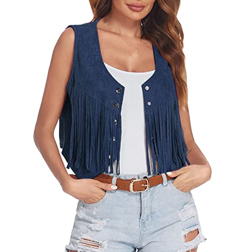 El Ganso Chaqueta Mujer Chaleco con flecos Mujer Faux Suede Open-Front Vintage Chaleco sin mangas 70s Hippie Ropa Boho Western Jacket Abrigo Pano Mujer (Blue, M)