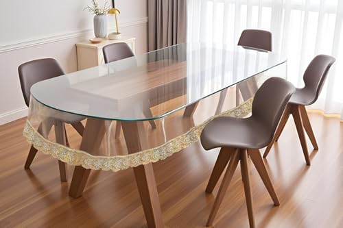 Image of The Furnishing Tree Oval Shaped 12 Seater Transparent Table Cover WxL 60x140 inches 0.25 mm Thickness with Golden Lace
