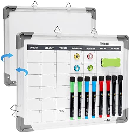 Dry Erase Board with Monthly Calendar - 16x12 inches Magnetic Small Whiteboard Hanging Double-Sided Board for Wall, Portable Board for Drawing, Kitchen, Planning, Memo, School, Home, Office (Grey)
