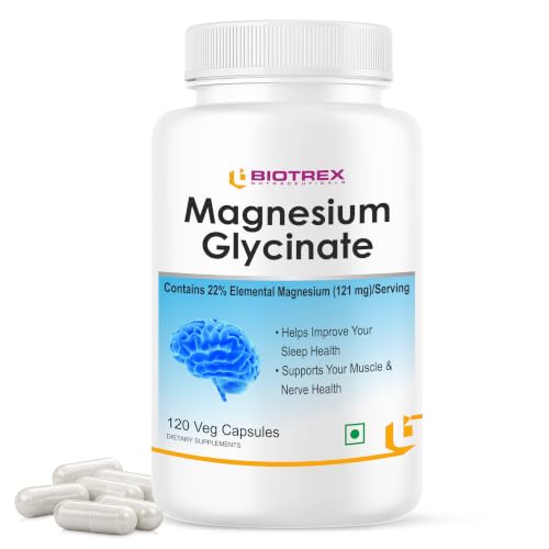 Image of Biotrex Nutraceuticals Magnesium Glycinate | Highest Bioavailability | Cramps, Sleep & Mood balance | Chelated Form With Superior Absorption | Muscle Recovery & Nerve Function | 120 Veg Capsules
