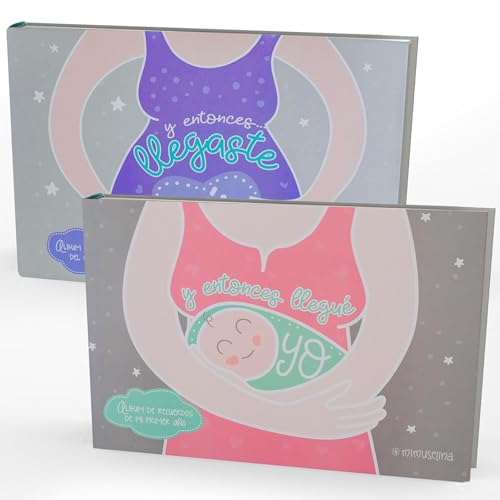 MIMUSELINA Pack 2 Libros | Mi Historia Antes Durante y Despues: Diario Embarazo y Album Bebe Primer Año | Libro Recuerdos Bebe con Fotos y Pegatinas | Idea Regalo Embarazada | Pack Completo Retro