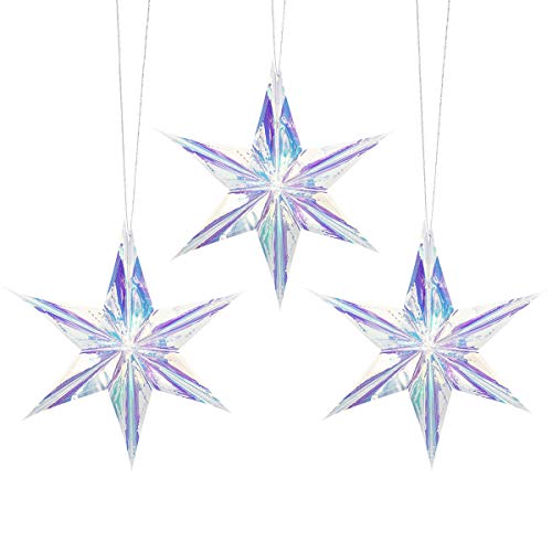 3 Pack Holographic 6 Point Star Hanging Decoration, Shiny Iridescent White Foil Ceiling Decorative Ornament for Decorating Party Venue (6 Point Star Ornament)