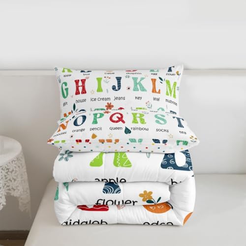 Image of Feelyou ABC Alphabet Bedding Set Queen Size, Learning Educational Comforter Cute Cartoon Funny Positive Words Comforter Set for Kids Toddler Educational Duvet Set Durable Bed Set 3Pcs