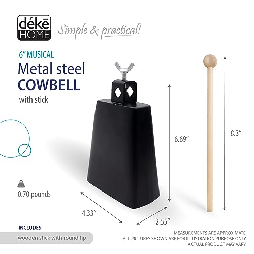 6\" Cow bell musical instrument. Metal steel cowbell with stick. Hand percussion cowbells loud noise makers for football game, home call bells, drumset, farm. Easily mountable. Cencerro de salsa.