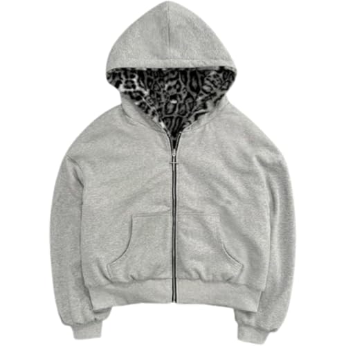 Fleece Lined Leopard Print Zip Up Hoodie Jacket Casual Loose Fit Pocket Street Style Warm Comfortable Streetwear