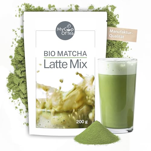 Bio Matcha Latte Pulver, 200 g - Mit original japanischem Matcha Grüntee aus Kagoshima, Sanft-cremig, Für Smoothies, Desserts, Eis & Gebäck, vegan - MyCupOfTea