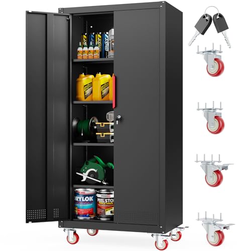LMTC 71 H Garage Storage Cabinet with 4 Adjustable Shelves and Wheels Lockable Metal Storage Cabinet for Garage Home Warehouse Assembly Required Black