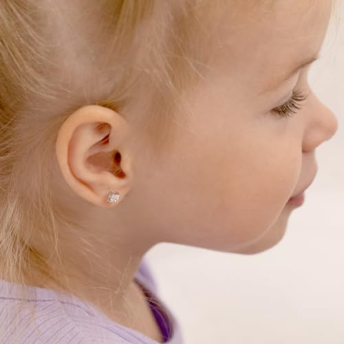 925 Sterling Silver Clear 3mm Square Princess Cut Cubic Zirconia Earrings with Safety Locking Screw Back for Babies, Toddlers and Young Kids3