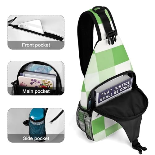 Fashion Traveling Running Casual Chest Bag, Dress Decor Sling Backpack, Shoulder Bag Casual Day Pack Green Plaid Checkered4