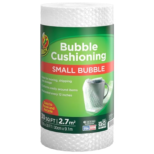 Duck Brand Bubble Wrap Original Protective Packaging, 12 Inches Wide x 30-Feet Long, Single Roll (393251), Clear