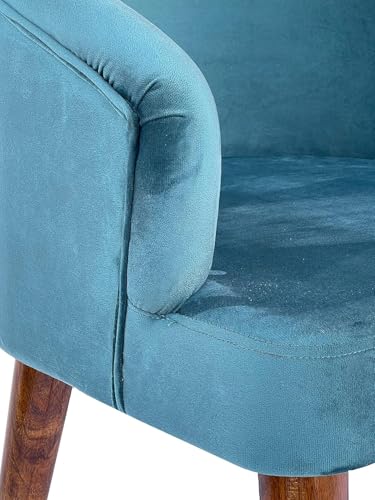 Image of CRAFT D ARTS Wooden Upholstered Dining Chair | Single Accent Chair for Living /Drawing Room, Bedroom & Office | Upholstery Barrel Arm Chairs with Velvet Fabric | Sheesham Wood Legs, Blue