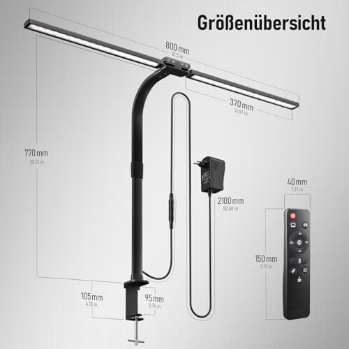 Jeebel LED Schreibtischlampe Dimmbar 24W, 1800LM 80cm Doppelkopf Schreibtisch Lampe mit Fernbedienung, Klemmbar(9,5cm), 10 Farbtemperatur 10 Helligkeitsstufe, Schwanenhals Lampe Tischlampe für Büro