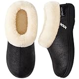 EverFoams Women's Microsuede Cozy Memory Foam Winter Slippers with Fuzzy Faux Fur Collar and Indoor Outdoor Rubber Sole (Black, Size 7-8 M US)