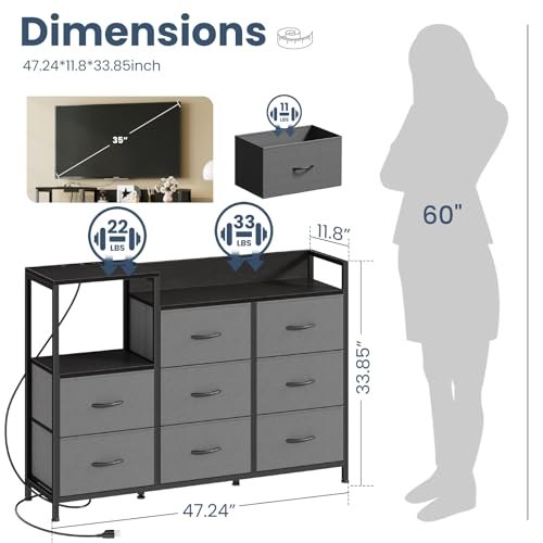 Image of DUMOS TV Stand Dresser with 8 Fabric Drawers & Open Shelves, TV Stand with Wooden Top, Entertainment Center with Charging Station for Living Room, Hallway, Grey