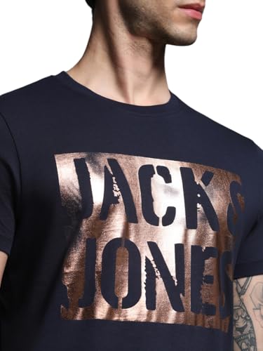 Image of Jack & Jones Men's Typography Printed Round Neck Short Sleeves Cotton Slim Fit Letter Print T-Shirt