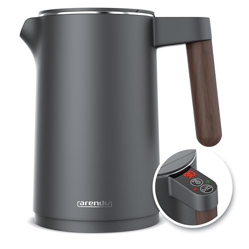 Arendo - Wasserkocher Edelstahl mit Temperatureinstellung - 45C-100C - 1.5 Liter - Doppelwand - BPA frei - Warmhaltefunktion - Teekocher mit Temperaturanzeige - Griff Cool Touch - Cool Grey