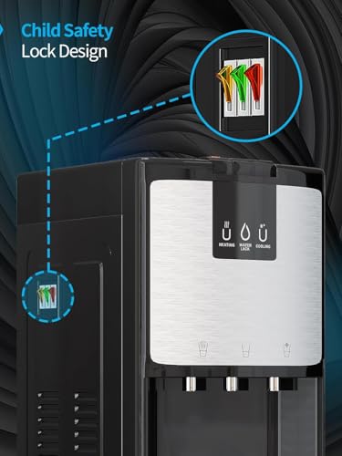TABU Bottom Loading Water Cooler Dispenser of 3 Temperature Settings - Hot, Cold, Room Water, 3 or 5 Gallon Bottle Stainless Steel Self-Cleaning Water Cooler with Child Safety Lock