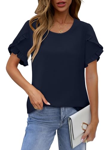 CRAZY GRID Women's Shirts Summer Casual Crewneck Ruffle Short Sleeve Blouses Cute Floral Print Tunic Tops