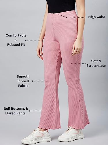 Image of BLINKIN Women's Stretch Fit Mid Rise Ribbed Stretchable Flared Pants | Boot Cut Bell Bottom Pants - Ideal for Yoga & Gym Wear, Casual Wear & Office Wear Trousers