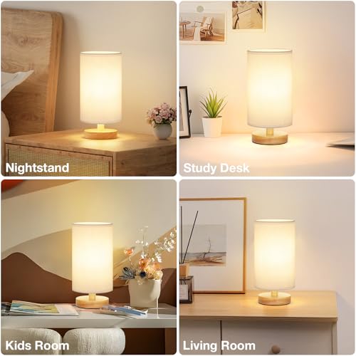 Image of Fenmzee Small Table Lamp for Bedroom - Inline Control, Bedside Lamp with 3000K A15 LED Blub, Easy Assembly (White Shade - Wood Base, 9 inch Inline Control)