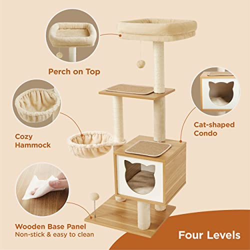 Lesure Modern Cat Tree For Large Cats - Tall Cat Climbing Tower For Indoor Cats With Wood Cat Condo, Hammock And Scratching Post, 50 Inches, Beige #TOP1