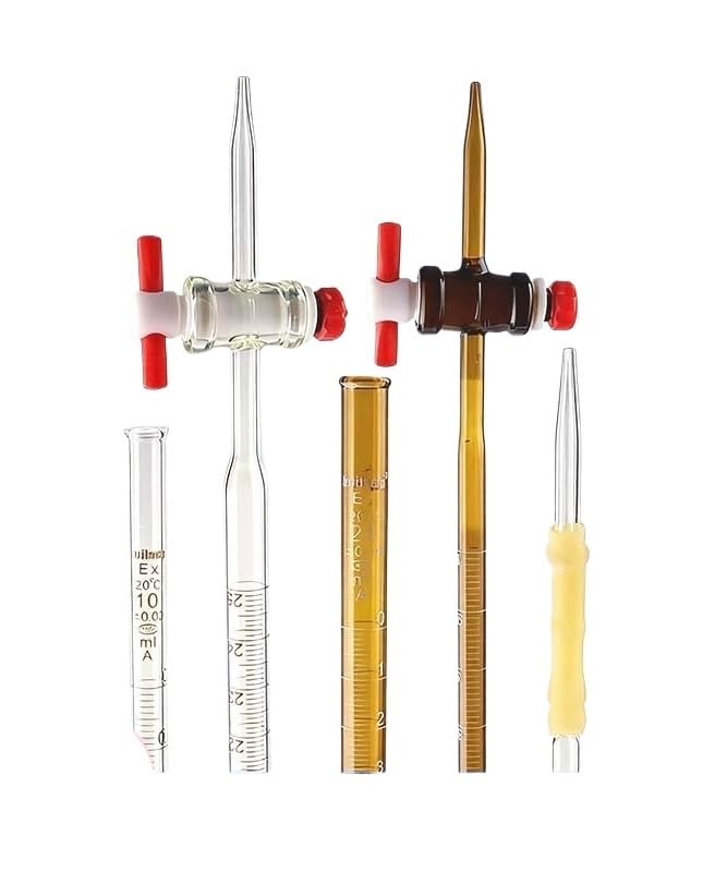 Klasse A Glasbürette mit PTFE-Hahn - Borosilikat 3.3 graduiert für Labortitration, säure- und laugenbeständig, 10ml 25ml 50ml 100ml(White PTFE alkaline/cidic 50ml)