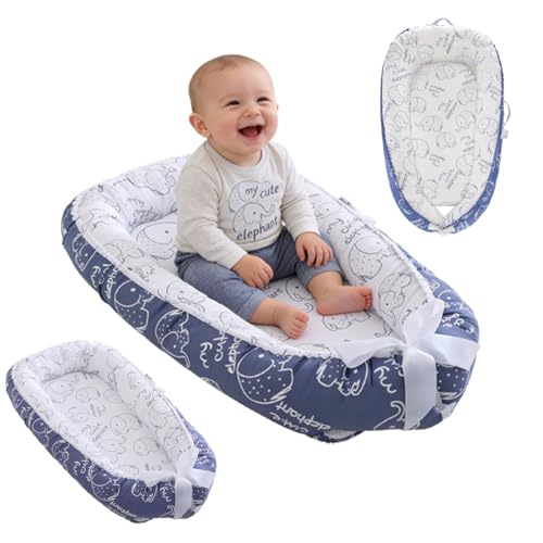 Loevin Baby Lounger for Newborn (0-24 Months) - 100% Cotton Baby Nest with Handles, 2-in-1 Play Mat & Diaper Changing Pad, Portable for Home & Travel, Infant Essentials Gifts (Elephant Blue)