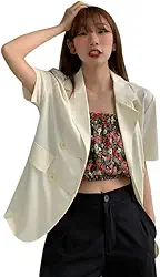 Blazer feminino de manga curta casual de cor doce coreana, caimento solto, cor lisa, lapela entalhada, Branco, M
