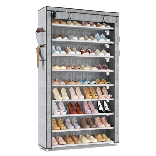 Image of LANTEFUL Shoe Rack with Covers 10 Tier Tall Shoe Rack Organizer Large Capacity Shoe Shelf Storage 40 Pairs Space Saving Free Standing Shoe Storage Organizer for Closet, Entryway, Dorm, Printing