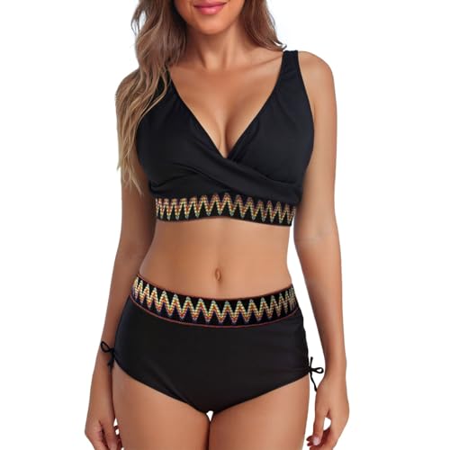 Generisch 2024 Conjunto de tankini de talle alto de color sólido traje de baño de dos piezas para el día a día monokini de verano estampado con tirantes ropa de playa a juego, Negro , L