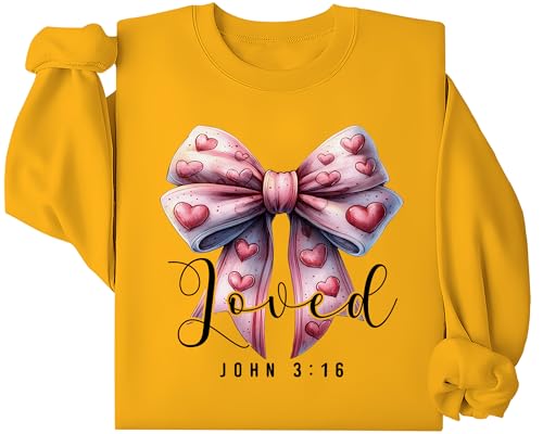 Coquette - Sudadera con lazo para el día de San Valentín, sudadera con lazo de corazón de San Valentín, sudadera Loved John 3 16 con cuello redondo, amarillo, M