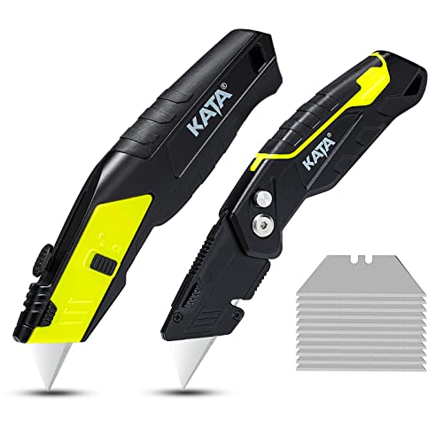 KATA 2-Pack Utility Knife, Heavy Duty Automatic Repeating Retractable and Folding Box Cutter for Cartons, Cardboard and Boxes with Blade Storage Design, 10 Extra SK5 Blades Included, Quick Change Blad