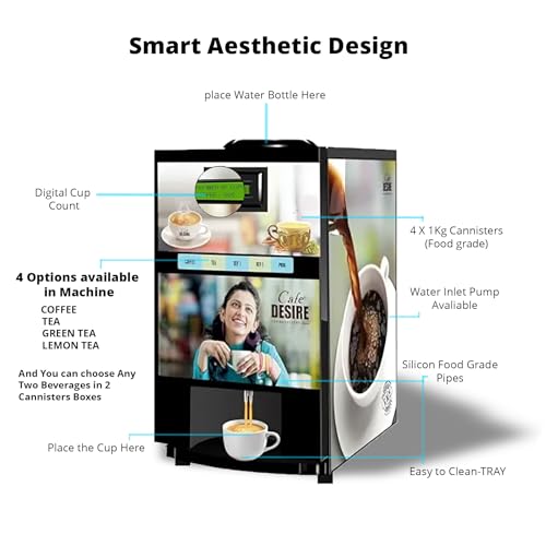 Image of Cafe DESIRE I DRINK SUCCESS Cafe Desire 4 Option Fully Automatic Tea Coffee Machine | Make any 4 Types Of Beverages with Premixes | Suitable For Offices, Shops & Smart Homes - VM23