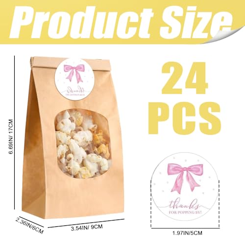Image of 24 PCS Small Paper Popcorn Bags with Pink Bow Stickers, Thanks for Popping by Tags Popcorn Bags with Clear Window, Baby Shower Treat Bag for Packaging Bakery Candy Cookie